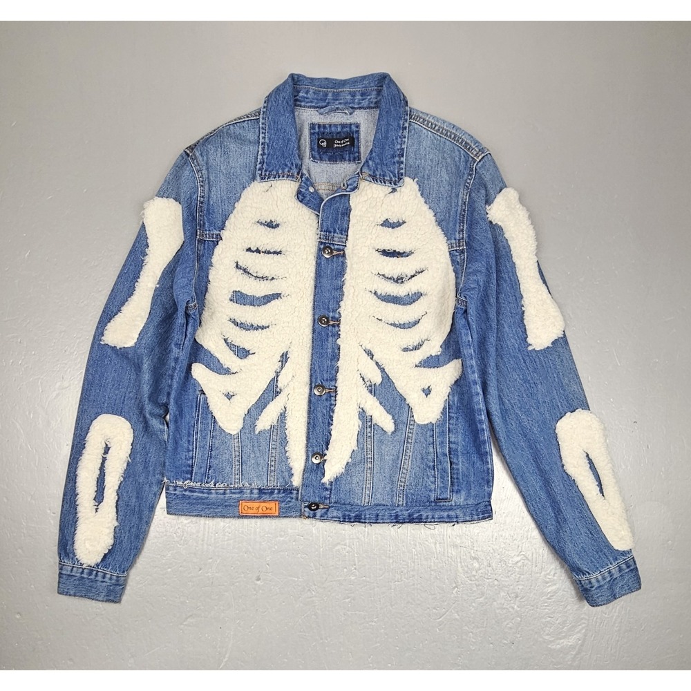 One Of One Skeleton Bone Jean Jacket Womens Medium Blue Denim Fashion